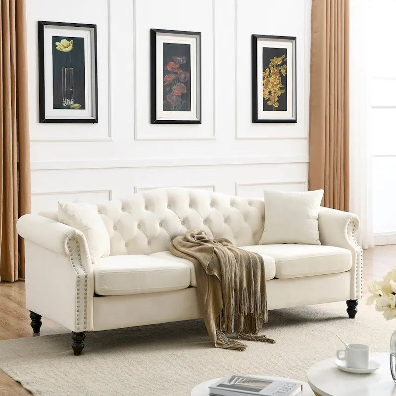 Canapé Chesterfield en velours 79'' pour salon, canapé 3 places capitonné avec accoudoirs arrondis et clous décoratifs, deux oreillers