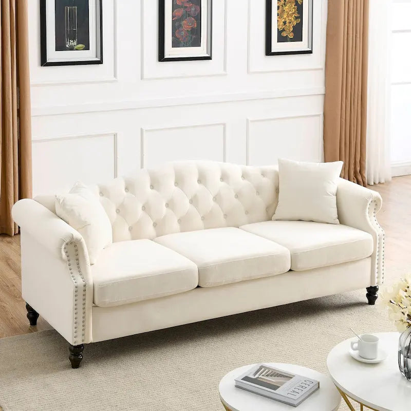 Canapé Chesterfield en velours 79'' pour salon, canapé 3 places capitonné avec accoudoirs arrondis et clous décoratifs, deux oreillers
