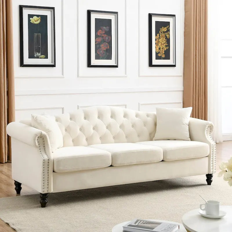 Canapé Chesterfield en velours 79'' pour salon, canapé 3 places capitonné avec accoudoirs arrondis et clous décoratifs, deux oreillers