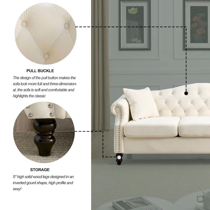 Canapé Chesterfield en velours 79'' pour salon, canapé 3 places capitonné avec accoudoirs arrondis et clous décoratifs, deux oreillers