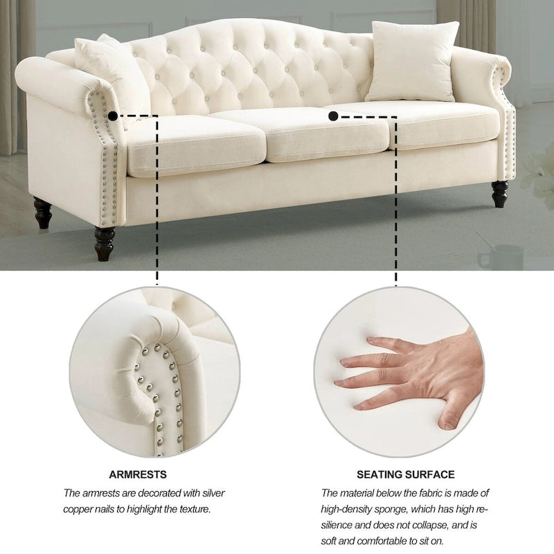 Canapé Chesterfield en velours 79'' pour salon, canapé 3 places capitonné avec accoudoirs arrondis et clous décoratifs, deux oreillers