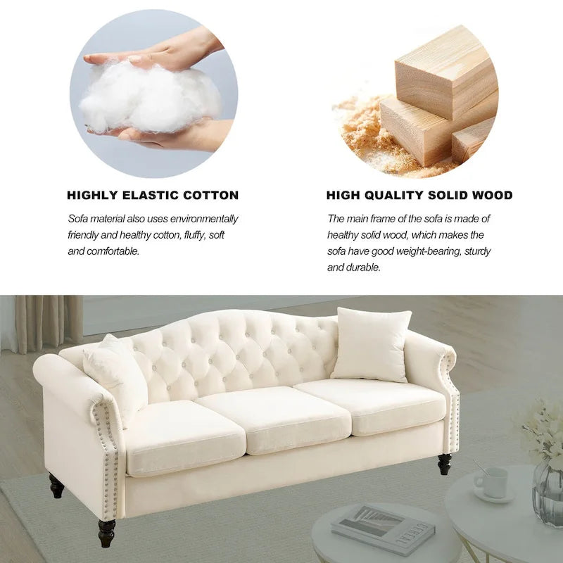Canapé Chesterfield en velours 79'' pour salon, canapé 3 places capitonné avec accoudoirs arrondis et clous décoratifs, deux oreillers