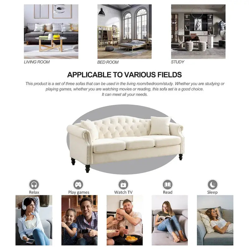 Canapé Chesterfield en velours 79'' pour salon, canapé 3 places capitonné avec accoudoirs arrondis et clous décoratifs, deux oreillers