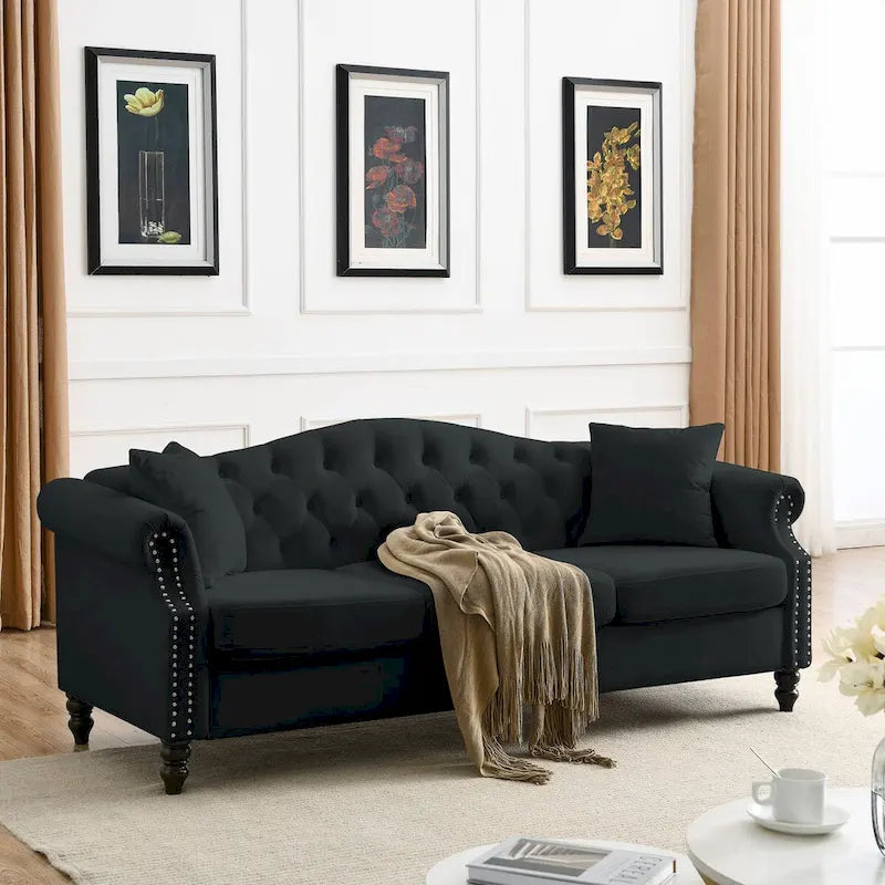 Canapé Chesterfield en velours 79'' pour salon, canapé 3 places capitonné avec accoudoirs arrondis et clous décoratifs, deux oreillers