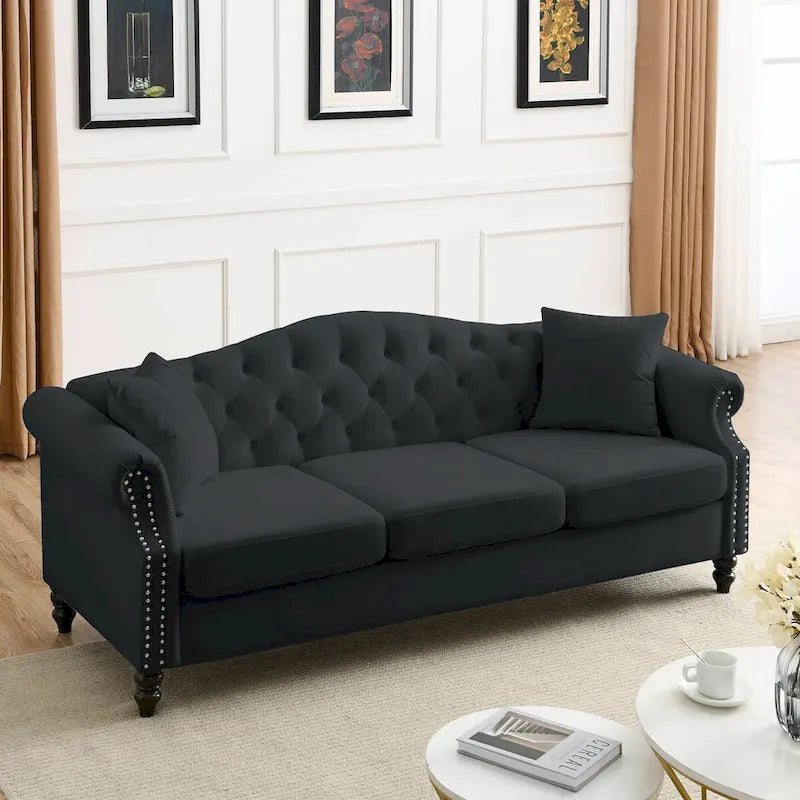 Canapé Chesterfield en velours 79'' pour salon, canapé 3 places capitonné avec accoudoirs arrondis et clous décoratifs, deux oreillers