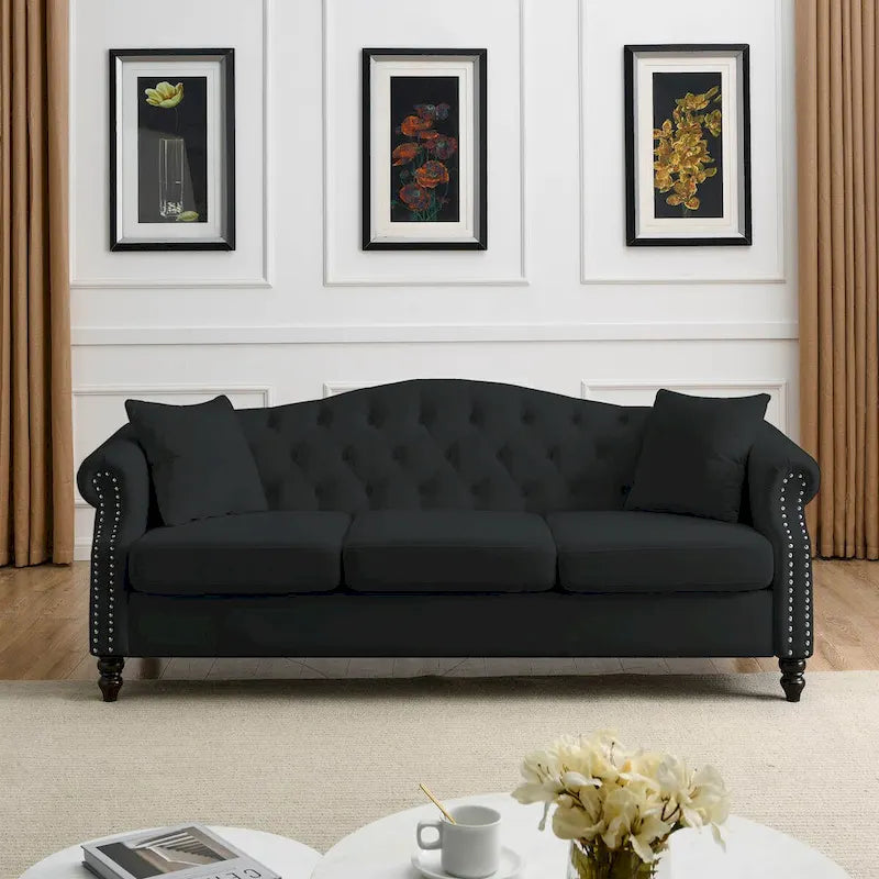 Canapé Chesterfield en velours 79'' pour salon, canapé 3 places capitonné avec accoudoirs arrondis et clous décoratifs, deux oreillers