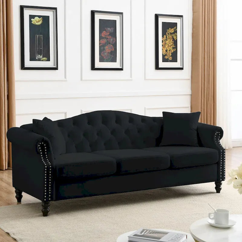Canapé Chesterfield en velours 79'' pour salon, canapé 3 places capitonné avec accoudoirs arrondis et clous décoratifs, deux oreillers