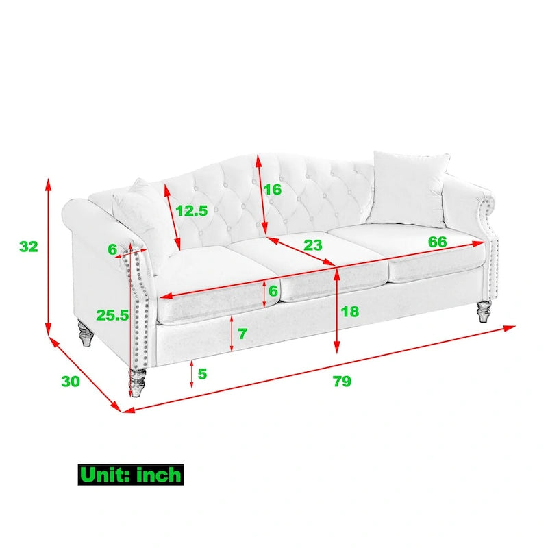Canapé Chesterfield en velours 79'' pour salon, canapé 3 places capitonné avec accoudoirs arrondis et clous décoratifs, deux oreillers