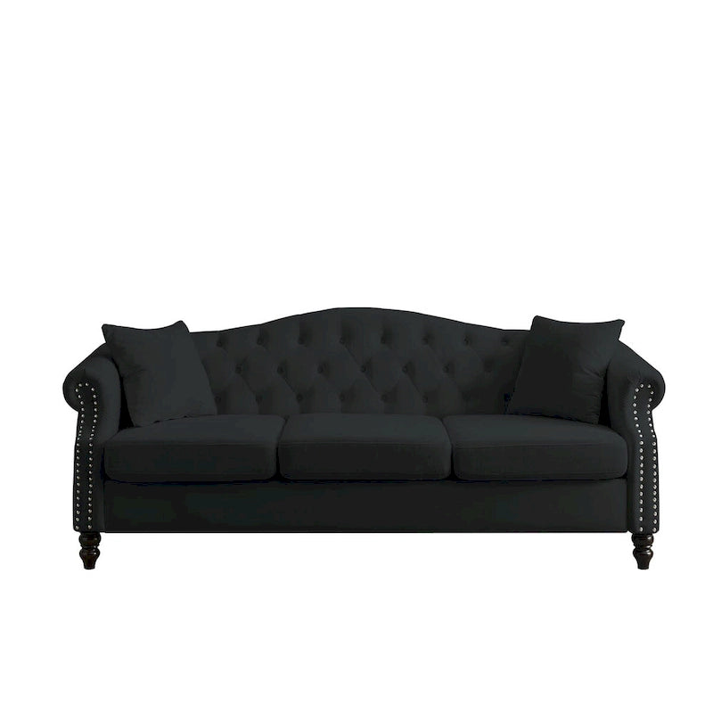 Canapé Chesterfield en velours 79'' pour salon, canapé 3 places capitonné avec accoudoirs arrondis et clous décoratifs, deux oreillers