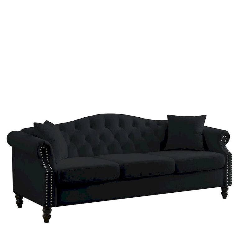 Canapé Chesterfield en velours 79'' pour salon, canapé 3 places capitonné avec accoudoirs arrondis et clous décoratifs, deux oreillers
