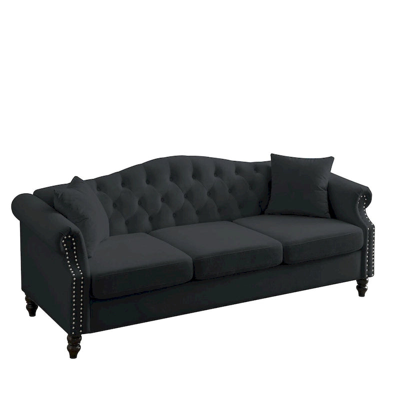 Canapé Chesterfield en velours 79'' pour salon, canapé 3 places capitonné avec accoudoirs arrondis et clous décoratifs, deux oreillers