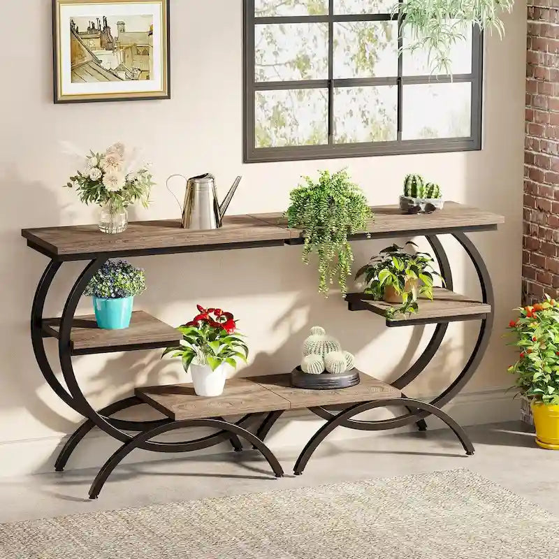 Table d'appoint en forme de C, Table de bout à 3 niveaux en bois avec étagères de rangement, Marron