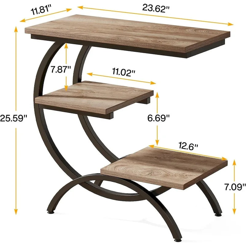 Table d'appoint en forme de C, Table de bout à 3 niveaux en bois avec étagères de rangement, Marron