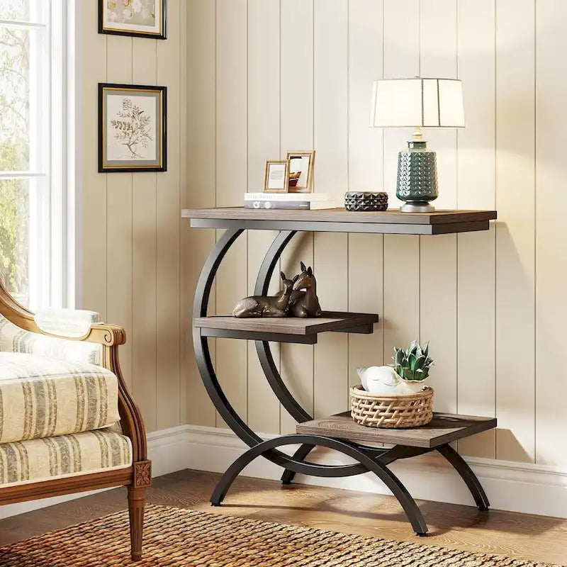 Table d'appoint en forme de C, Table de bout à 3 niveaux en bois avec étagères de rangement, Marron