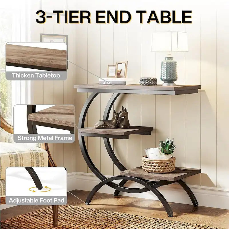 Table d'appoint en forme de C, Table de bout à 3 niveaux en bois avec étagères de rangement, Marron