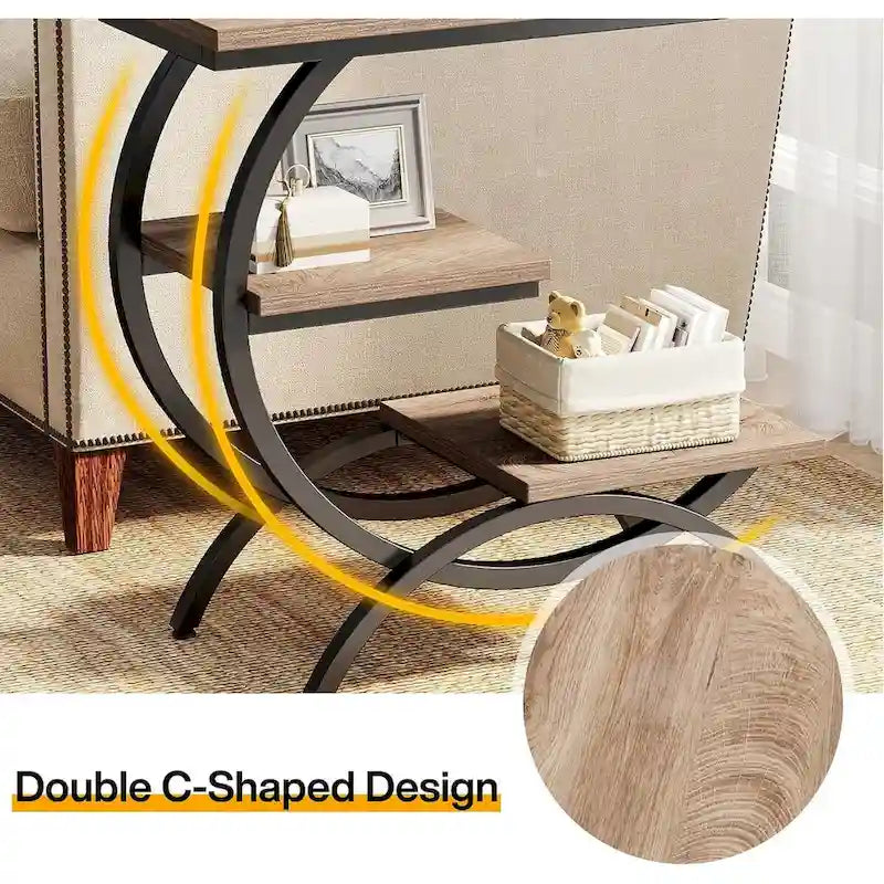 Table d'appoint en forme de C, Table de bout à 3 niveaux en bois avec étagères de rangement, Marron