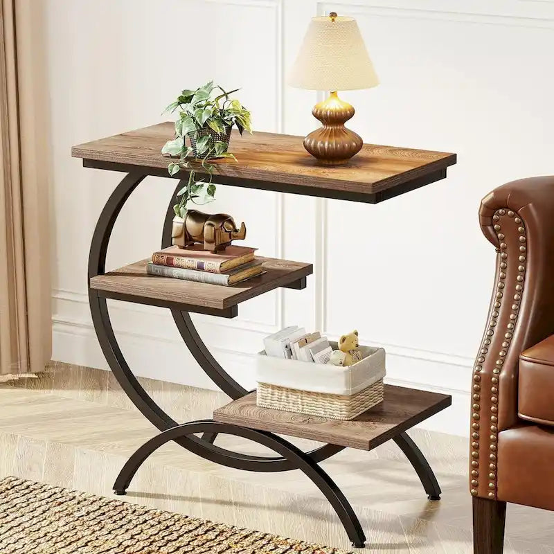 Table d'appoint en forme de C, Table de bout à 3 niveaux en bois avec étagères de rangement, Marron