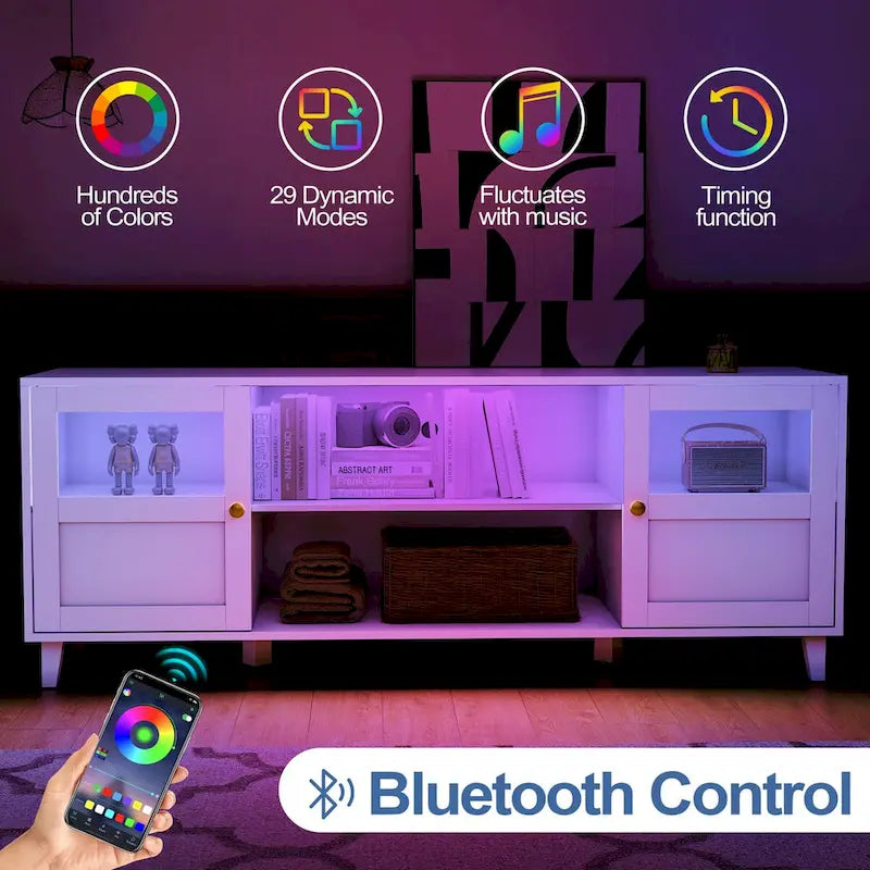 Meuble TV Console avec étagères de rangement pour salon et centre de divertissement avec lumières LED - 151,6 cm L * 57,4 cm H * 40,9 cm P