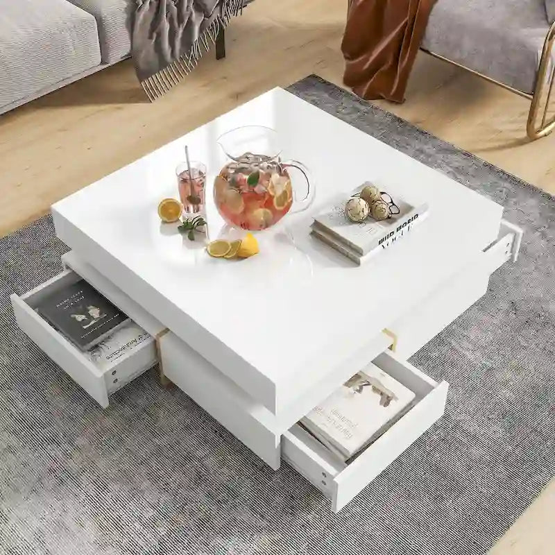 Table basse design brillante avec 4 tiroirs