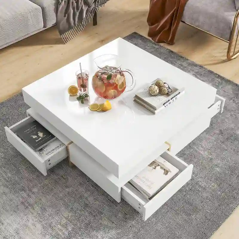 Table basse design brillante avec 4 tiroirs
