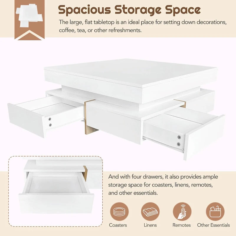Table basse design brillante avec 4 tiroirs