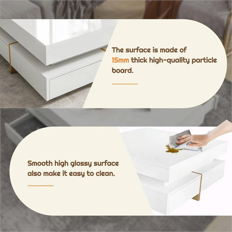 Table basse design brillante avec 4 tiroirs
