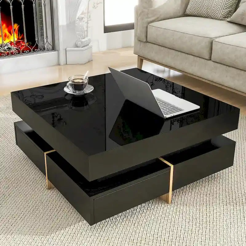 Table basse design brillante avec 4 tiroirs