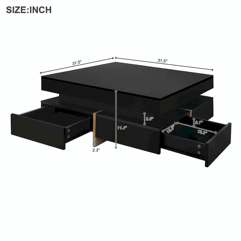 Table basse design brillante avec 4 tiroirs