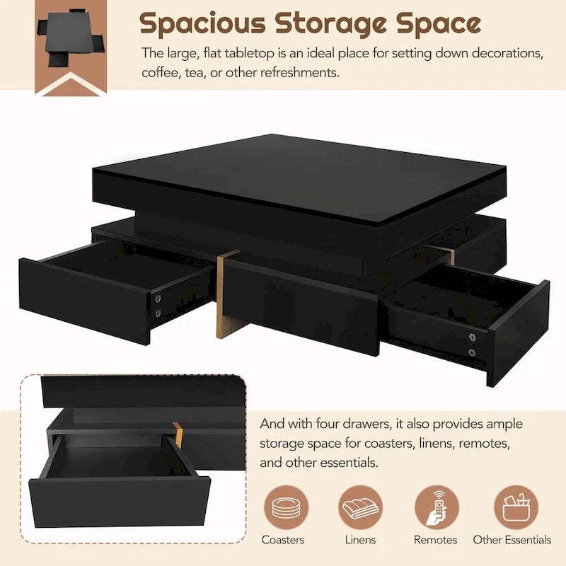 Table basse design brillante avec 4 tiroirs