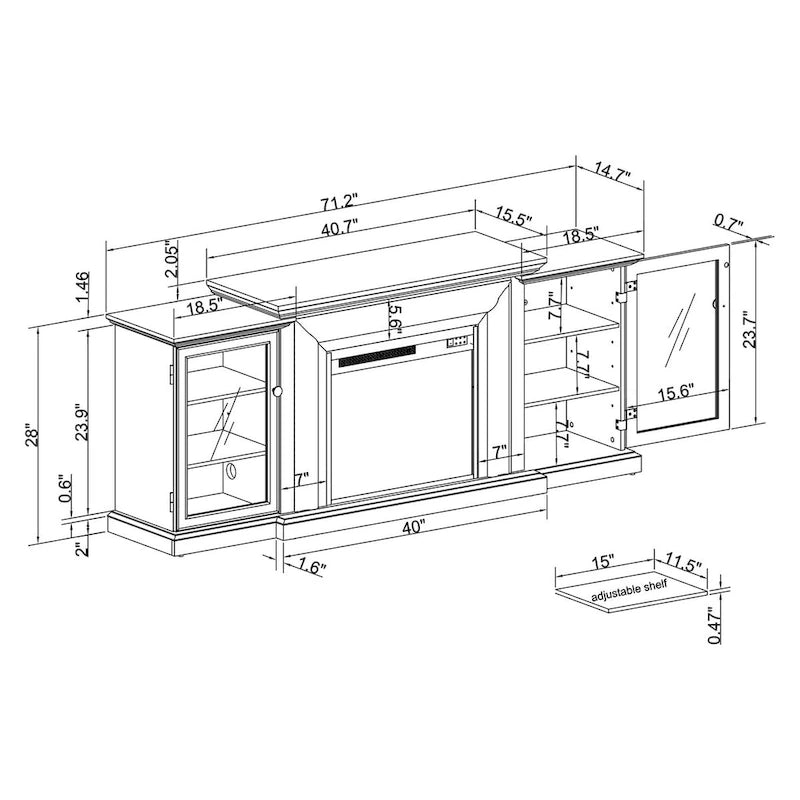 Meuble TV de ferme avec cheminée - 70 pouces de large - Convient aux téléviseurs jusqu'à 70 pouces - 71 L x 30 H x 15,5 P