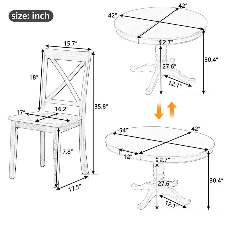 Ensemble de salle à manger 5 pièces avec table ronde extensible et 4 chaises