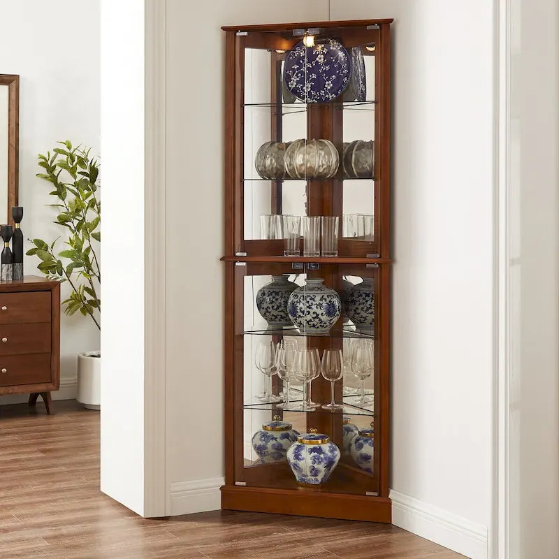 Vitrine d'angle avec éclairage, étagères réglables en verre trempé, fond miroir