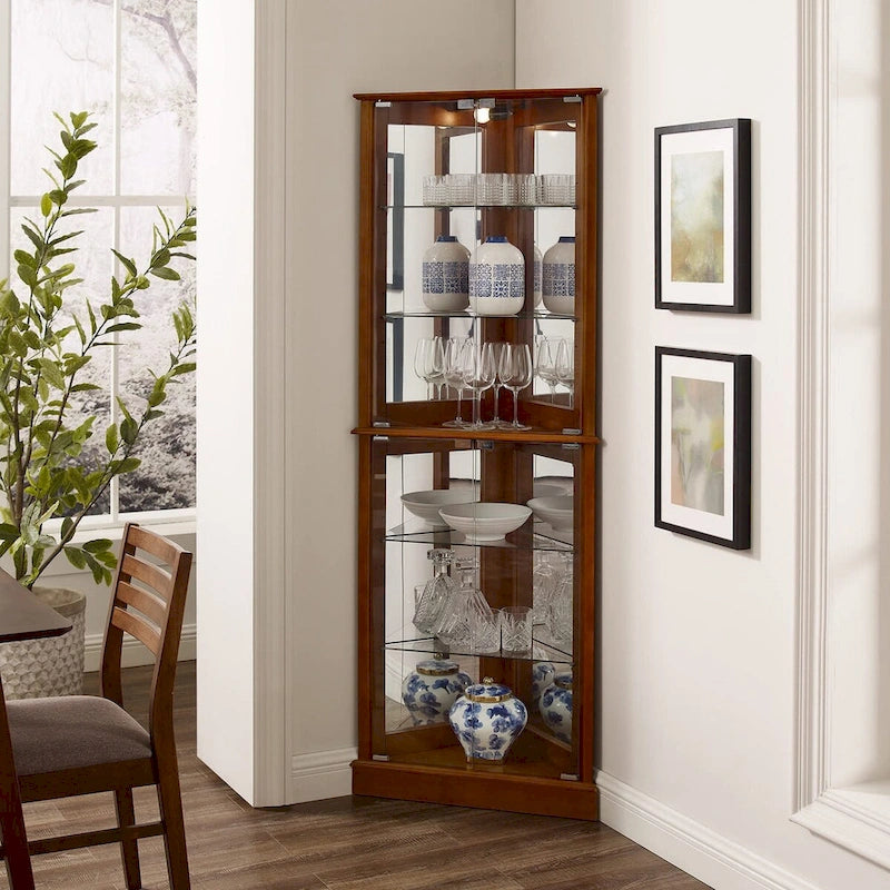 Vitrine d'angle avec éclairage, étagères réglables en verre trempé, fond miroir