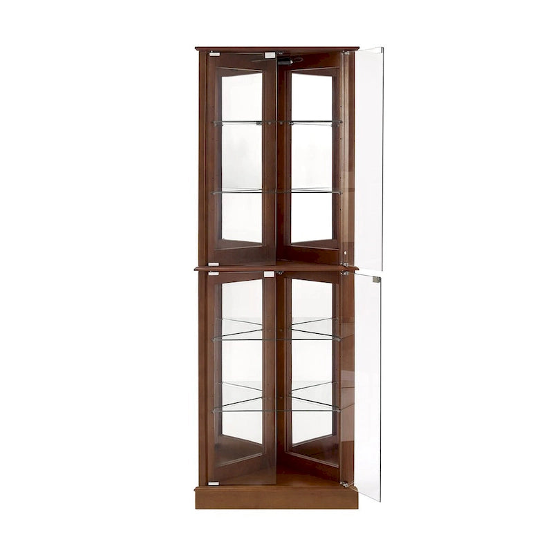 Vitrine d'angle avec éclairage, étagères réglables en verre trempé, fond miroir