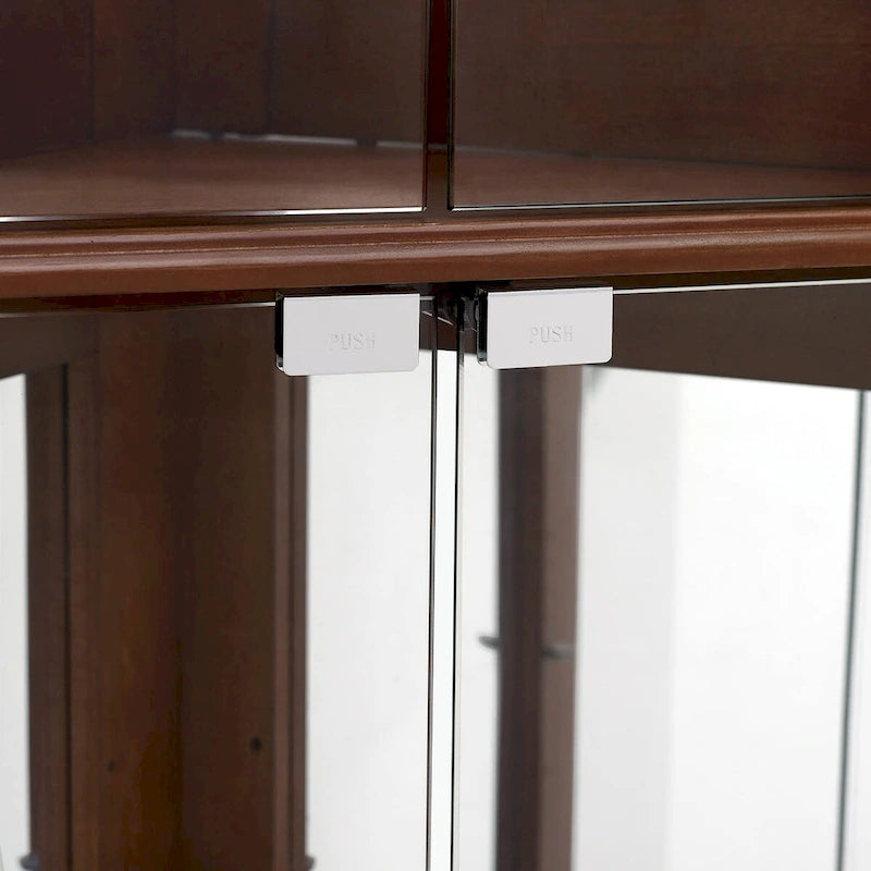 Vitrine d'angle avec éclairage, étagères réglables en verre trempé, fond miroir