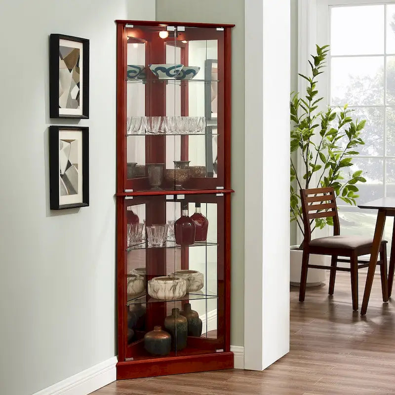 Vitrine d'angle avec éclairage, étagères réglables en verre trempé, fond miroir
