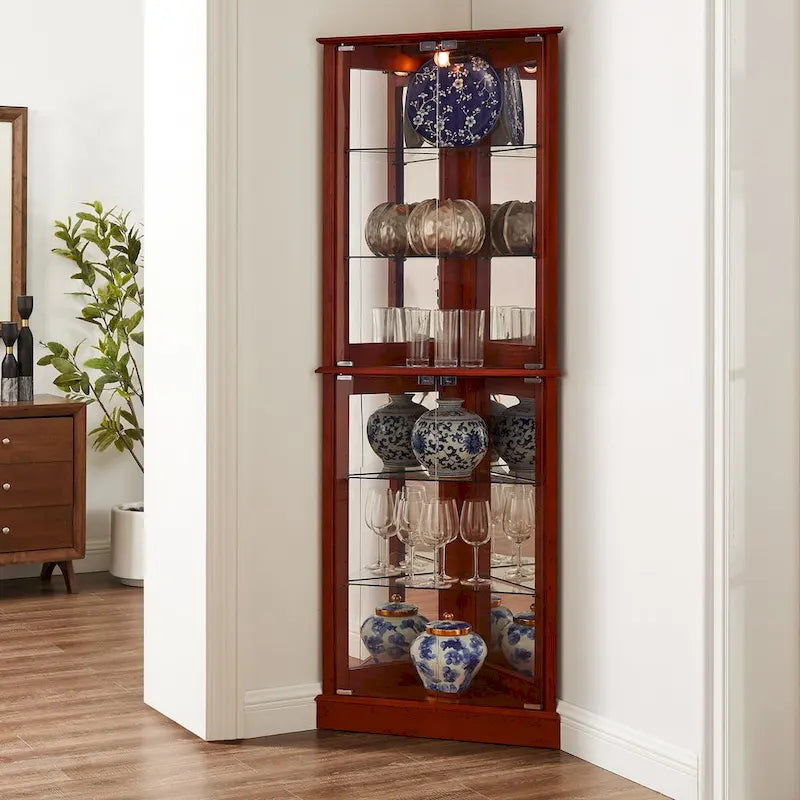 Vitrine d'angle avec éclairage, étagères réglables en verre trempé, fond miroir