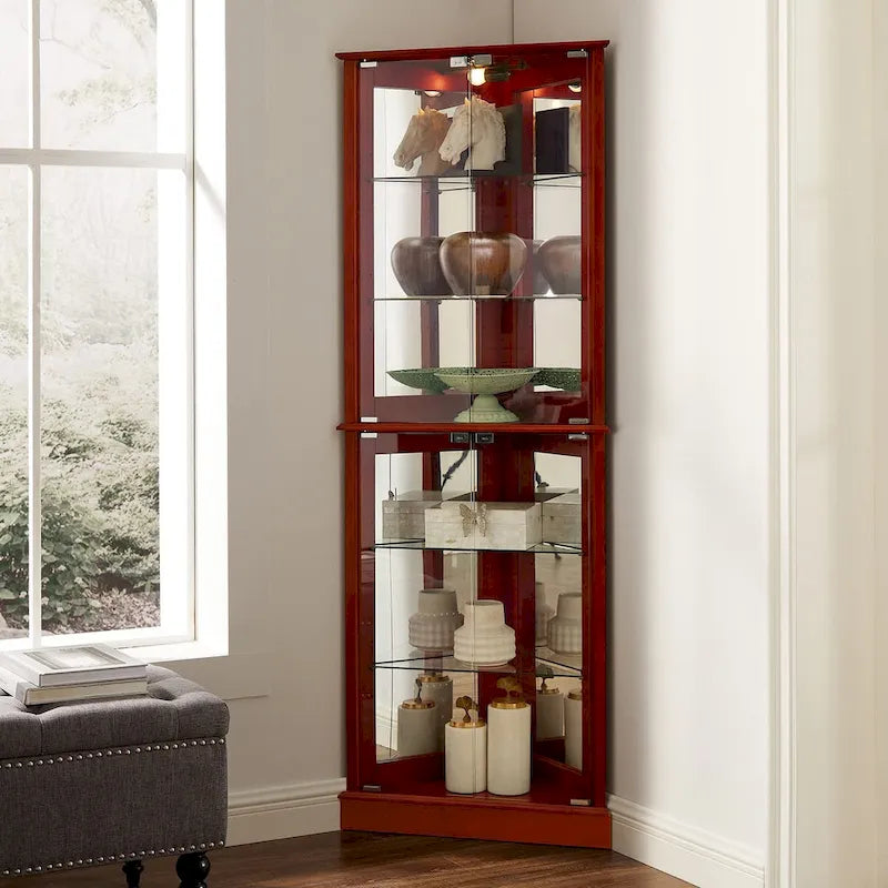 Vitrine d'angle avec éclairage, étagères réglables en verre trempé, fond miroir