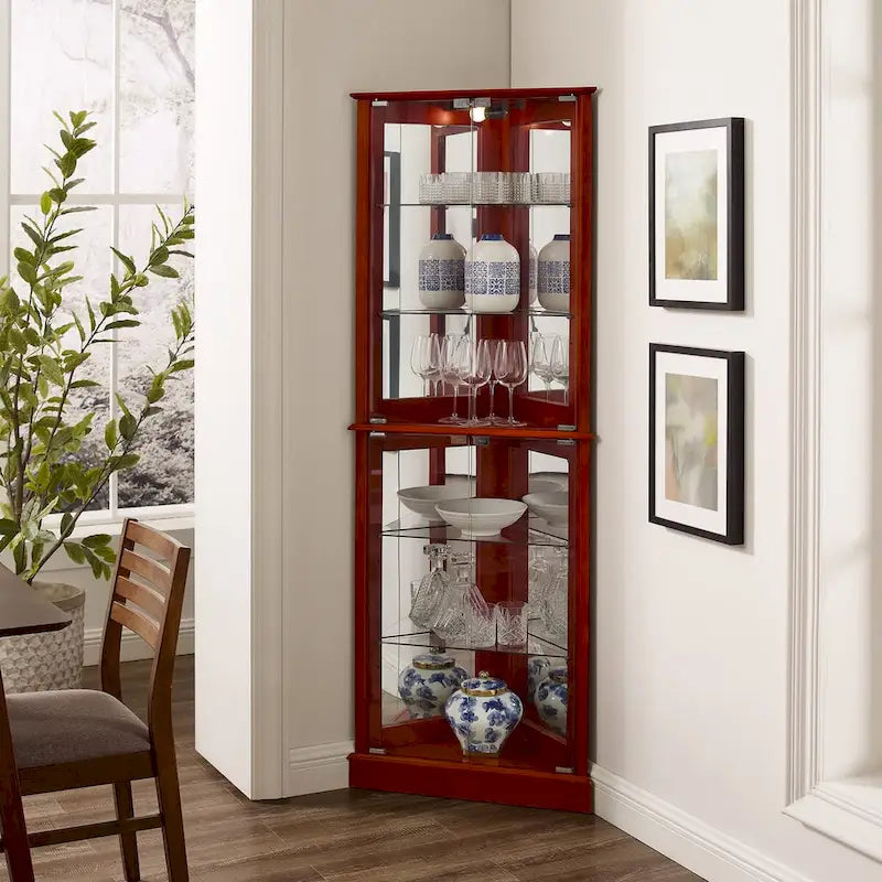 Vitrine d'angle avec éclairage, étagères réglables en verre trempé, fond miroir