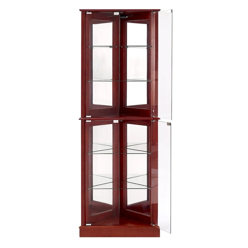 Vitrine d'angle avec éclairage, étagères réglables en verre trempé, fond miroir