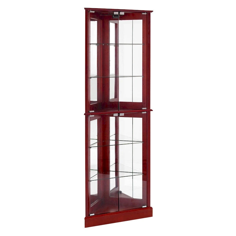 Vitrine d'angle avec éclairage, étagères réglables en verre trempé, fond miroir