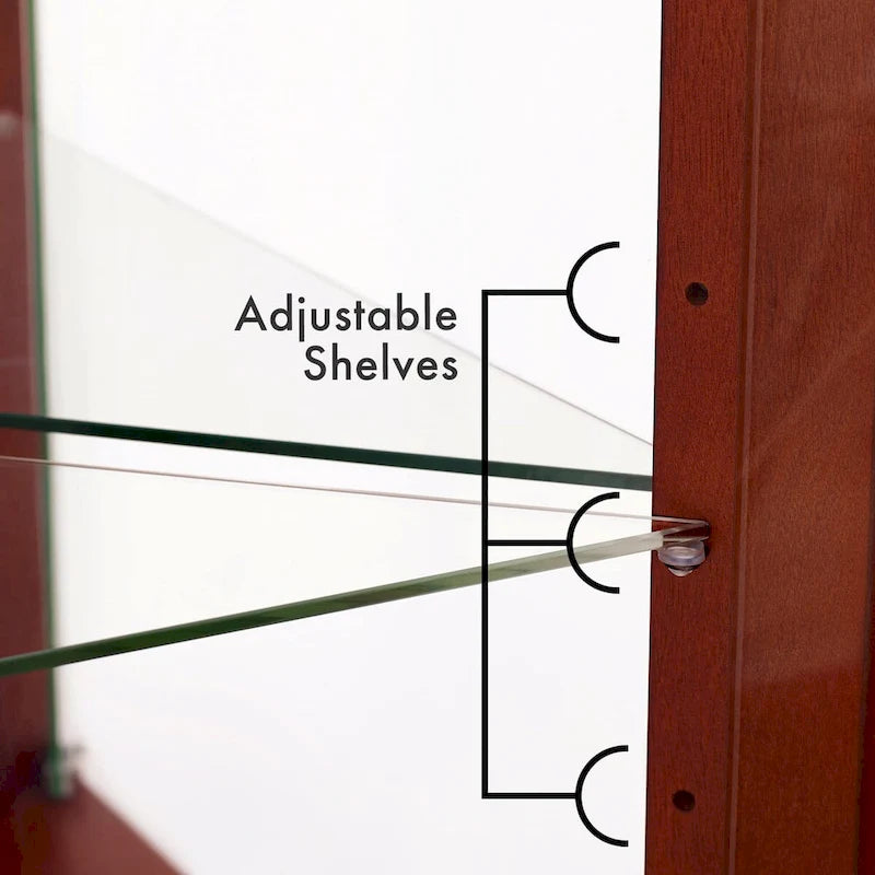 Vitrine d'angle avec éclairage, étagères réglables en verre trempé, fond miroir
