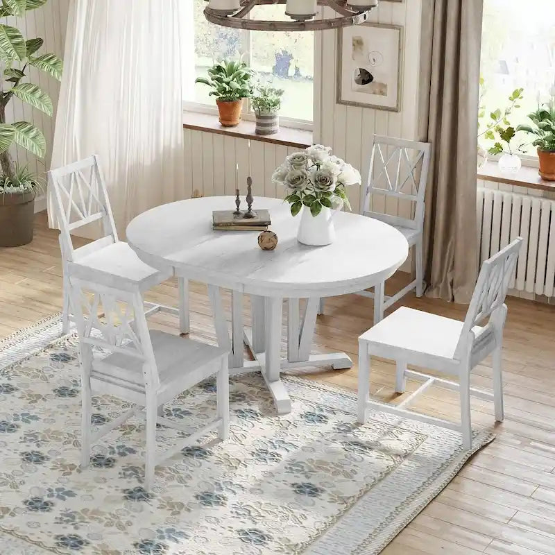 Ensemble de table à manger ronde extensible en bois massif pour 4 personnes, pour cuisine et salle à manger, style ferme