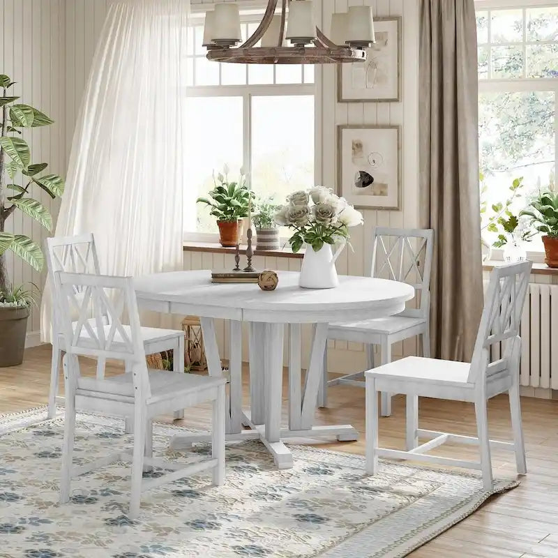 Ensemble de table à manger ronde extensible en bois massif pour 4 personnes, pour cuisine et salle à manger, style ferme