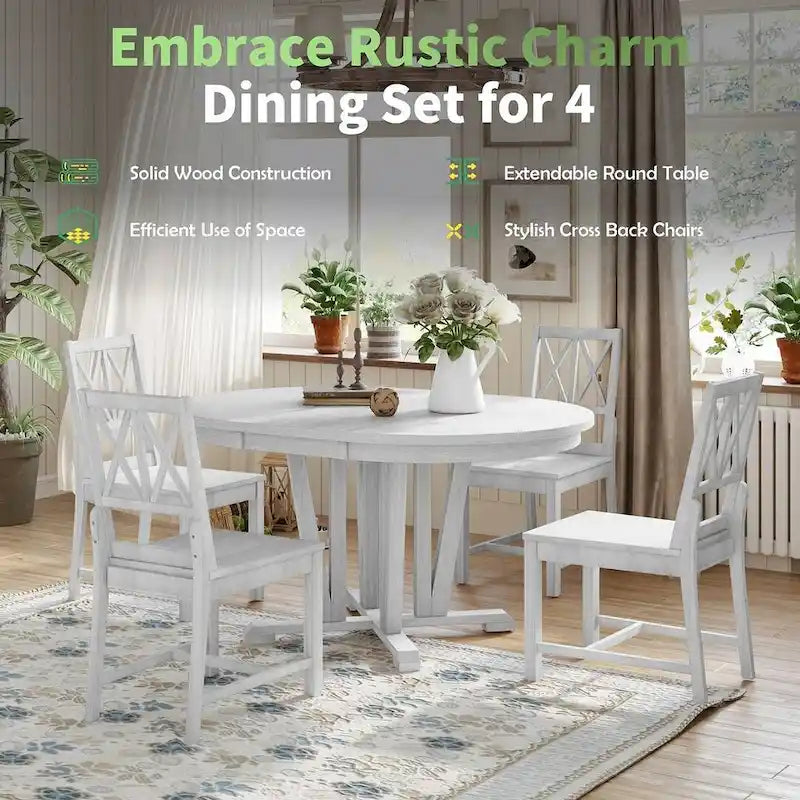 Ensemble de table à manger ronde extensible en bois massif pour 4 personnes, pour cuisine et salle à manger, style ferme
