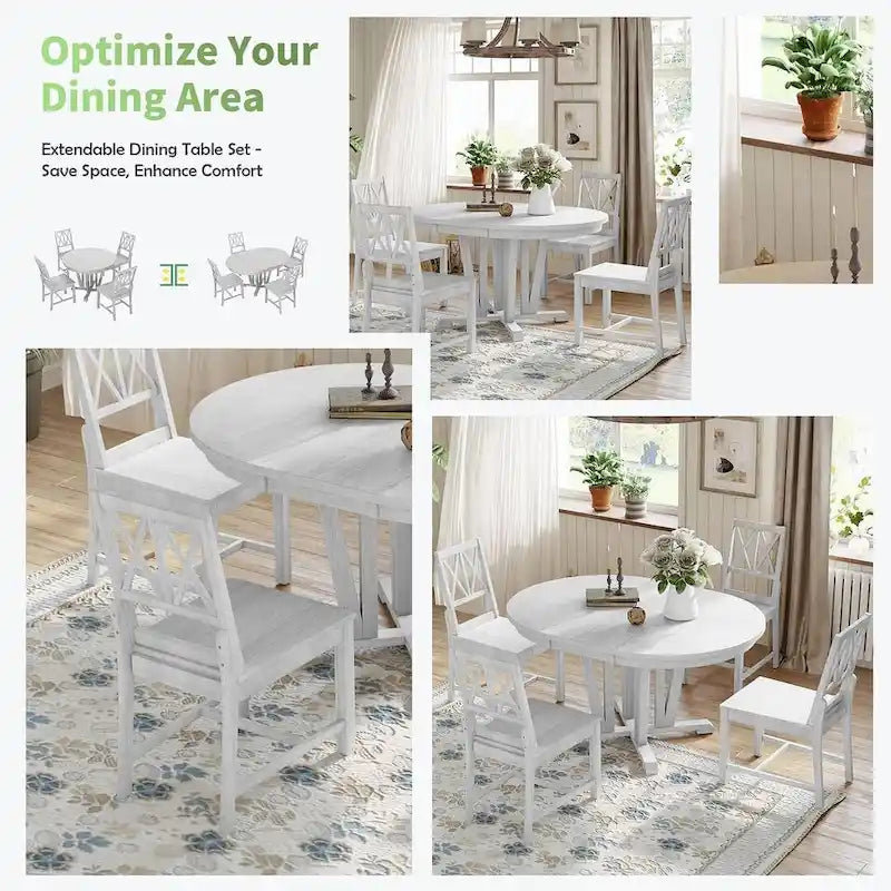 Ensemble de table à manger ronde extensible en bois massif pour 4 personnes, pour cuisine et salle à manger, style ferme