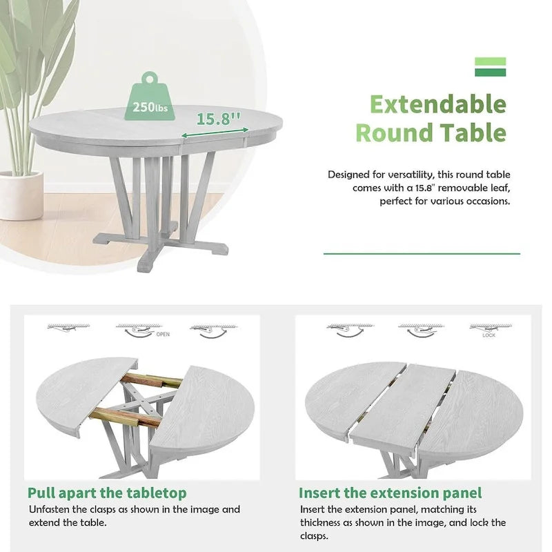 Ensemble de table à manger ronde extensible en bois massif pour 4 personnes, pour cuisine et salle à manger, style ferme
