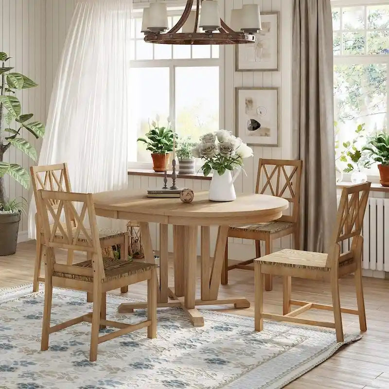 Ensemble de table à manger ronde extensible en bois massif pour 4 personnes, pour cuisine et salle à manger, style ferme