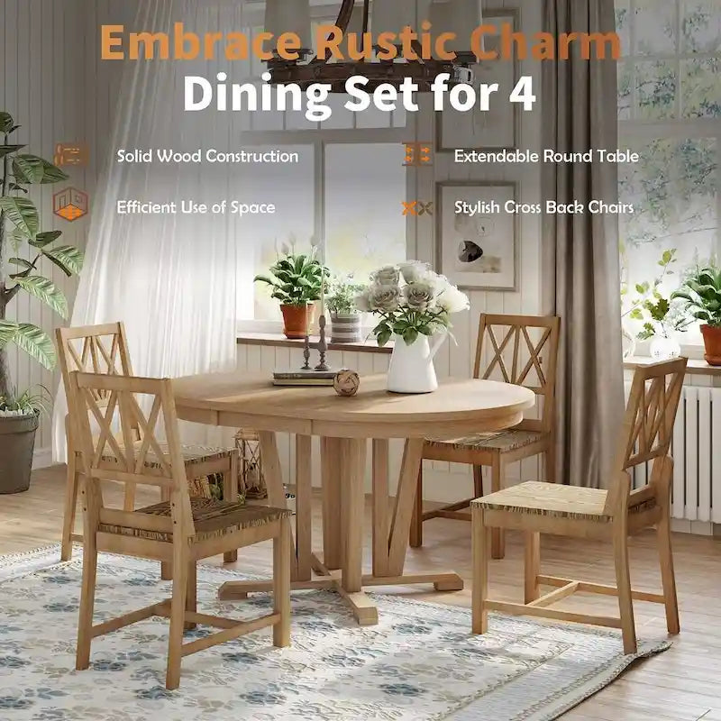 Ensemble de table à manger ronde extensible en bois massif pour 4 personnes, pour cuisine et salle à manger, style ferme
