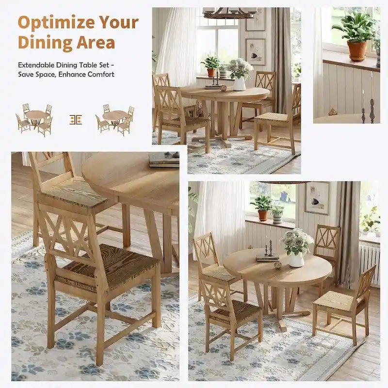 Ensemble de table à manger ronde extensible en bois massif pour 4 personnes, pour cuisine et salle à manger, style ferme